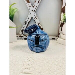 Vintage Hand Painted Anthropomorphic Garlic Keeper Jar Ceramic Face Blue